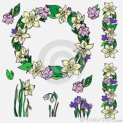 Hand-drawn spring collection of vector floral illustrations. Vector Illustration