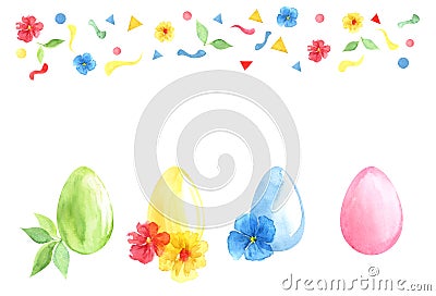 Hand drawn spring festive set watercolor. four Eggs symbol of Easter. Multicolored light sunny flowers and paper pieces. Bright Stock Photo