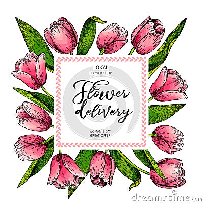 Hand drawn spring floral banner. Colored pink tulip. Flower delivery. Hand drawn detailed engraved illustration. Good Vector Illustration