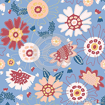 Hand drawn spring floral garden meadow. Seamless repeating vector pattern Cartoon Illustration