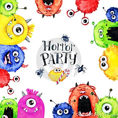 Hand drawn square frame with watercolor funny monster heads. Celebration illustration. Cartoon horror party. Funny Cartoon Illustration