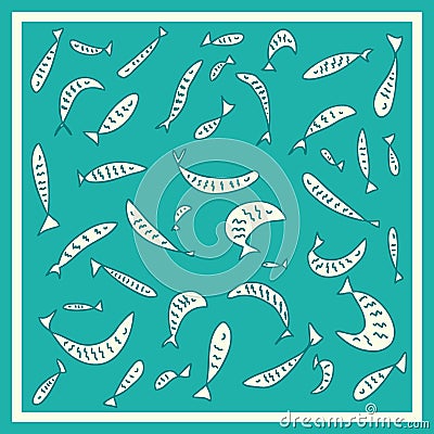 Hand drawn square pattern with fishes. Perfect for stole, shawl, poster and print. Doodle vector illustration Vector Illustration