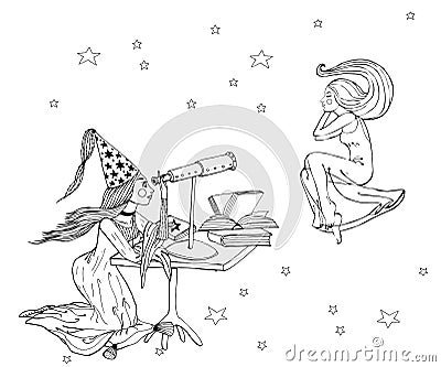 Hand drawn stargazer astrologer girl with long hair and dress is looking to the telescope Stock Photo