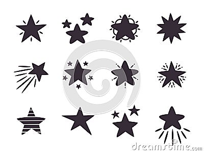 Hand drawn stars. Doodle black star icons, drawing stars silhouettes flat vector illustration set Vector Illustration