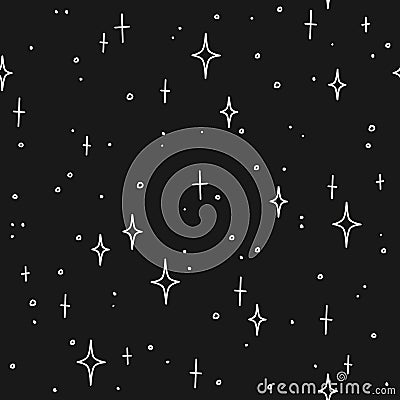 Hand drawn stars and dots on a black background. Vector seamless pattern Vector Illustration