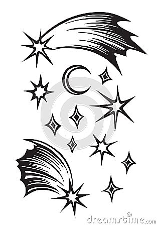 Hand drawn stars and moon set outline sketch. Vector black ink drawing isolated on white background. Graphic illustration Vector Illustration