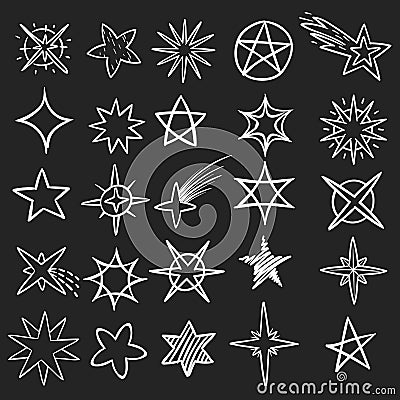 Hand drawn stars. Pen sketch star collection, grunge shine black symbols. Vintage handmade doodle vector set Vector Illustration