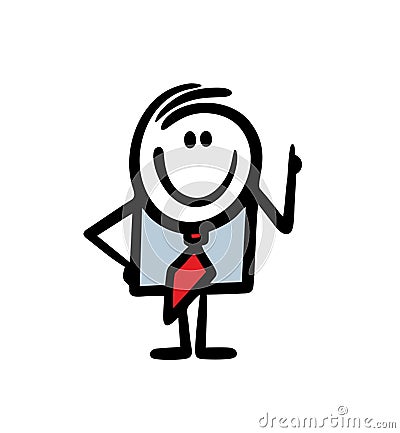 Hand drawn stickman in business suit points his finger up and draws attention to important information. Vector Illustration