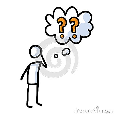 Hand drawn stickman confused with speech bubble question mark. Simple outline curious doodle icon clipart. For question Vector Illustration