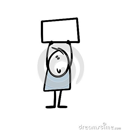 Hand drawn stickman holds up his hands and shows an empty sign for important information. Vector Illustration