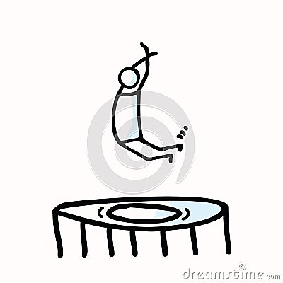 Hand Drawn Stickman Jumping in Air on Trampoline. Concept Physical Exercise. Simple Icon Motif for Jumpo for Joy Stick Figure Stock Photo