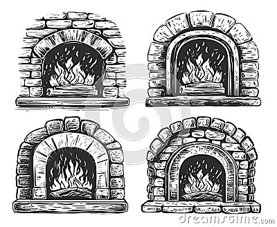 Fireplace with fire illustration. Hand drawn stone oven in sketch style Cartoon Illustration