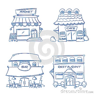 Hand drawn store, shop, restaurant, cafe, bar buildings. Vector doodle collection Vector Illustration