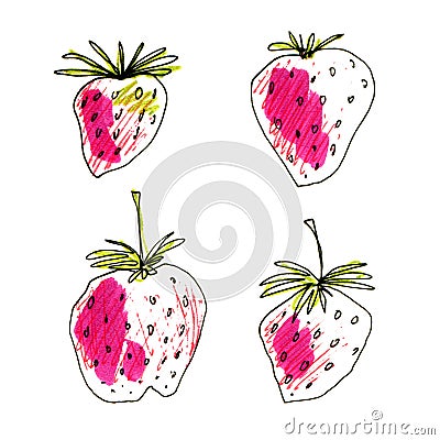 Hand drawn strawberry set. Collection of pink strawberries and green leaves with black doodle stroke isolated on white Cartoon Illustration