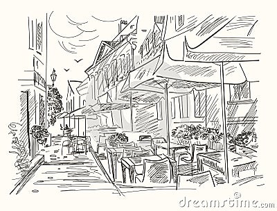 Hand drawn street cafe in old town. Vintage vector illustration Vector Illustration