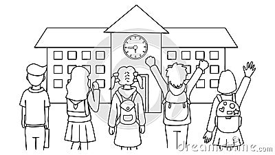 Hand drawn students standing in front of school house, back to school, for design element and coloring book page for kids. Vector Illustration