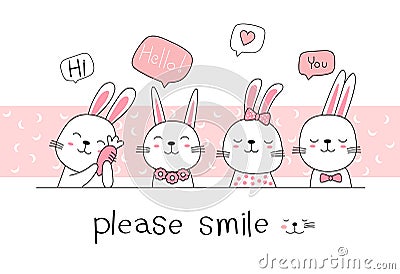 Hand drawn style. Cute rabbit bunny cartoon doodle pastel wallpaper Vector Illustration