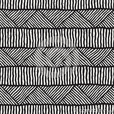 Hand drawn style ethnic seamless pattern. Abstract geometric tiling background in black and white. Vector Illustration