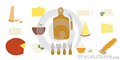 Hand drawn style vector illustration set of various cheeses and wooden cheese board with knives and fork. Isolated on white Cartoon Illustration