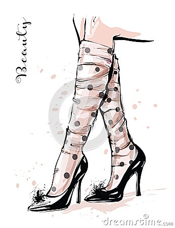 Hand drawn stylish female legs in shoes. Woman legs with spotted sheer tulle socks. Fashion sketch. Vector Illustration