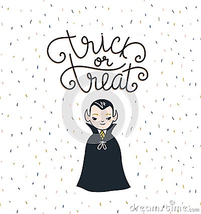 Hand drawn stylish illustration with text and child vampire costume. Cartoon Illustration