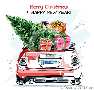 Hand drawn stylish red car with cute christmas gift boxes and fir tree. Beautiful new year set. Vector Illustration