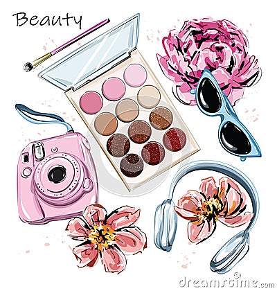 Hand drawn stylish set with eye shadows, brush, camera, headphones, sunglasses and flowers. Beautiful set. Sketch. Vector Illustration