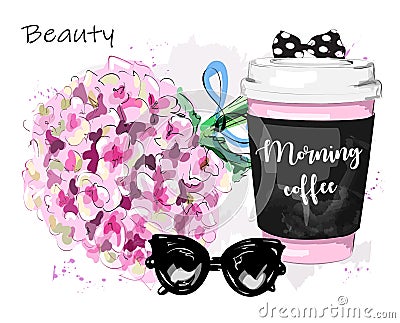 Hand drawn stylish set with flowers, coffee cup, sunglasses and bow. Sketch. Vector Illustration