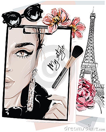 Hand drawn stylish table set with notes, sketches, makeup brush, sunglasses and flowers. Woman face sketch and eiffel tower. Stock Photo