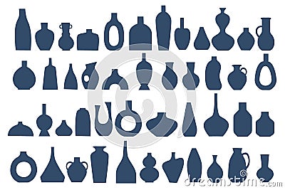 Hand drawn stylized Ceramic Vase set. Silhouettes of monochrome flower vases, earthenware jugs Vector Illustration