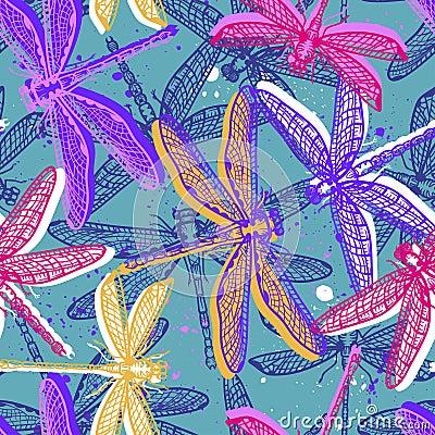 Hand drawn stylized dragonflies seamless pattern for girls, boys, clothes. Creative background with insect. Funny wallpaper for te Stock Photo