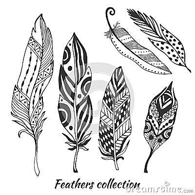 Hand drawn stylized feathers vector collection. Set of doodle tribal feathers. Cute zentangle feather for your design. Vector Illustration