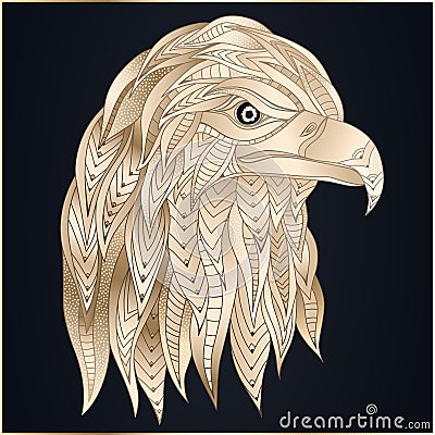 Hand drawn stylized golden eagle head. Abstract ethnic image with predatory bird, bright patterns of feathers. Ornament logo, Vector Illustration