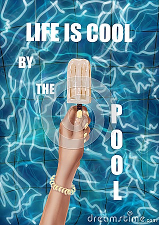 Hand-drawn stylized illustration of a hand that holds ice cream on a stick, on the background of pool water Cartoon Illustration