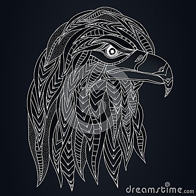 Hand drawn stylized silhouette of eagle head. Abstract ethnic image with predatory bird. Ornament blue and white outline logo, Vector Illustration