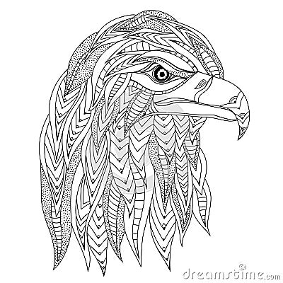 Hand drawn stylized silhouette of eagle head. Coloring book page antistress with predatory bird. Black and white outline logo, Vector Illustration