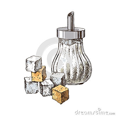 Hand drawn sugar bowl and sugar cubes Vector Illustration