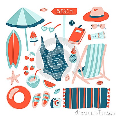 Hand drawn Summer Beach object collection. Doodle style. Vector Illustration