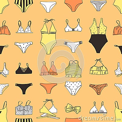 Hand drawn summer bikini illustration. Actual tropical vector seamless background. Artistic doodle drawing pattern. Creative ink Vector Illustration