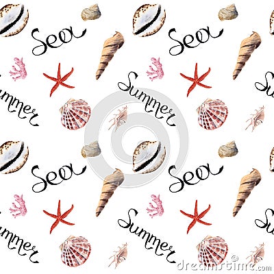 Hand drawn summer sea watercolor seamless patern with shells Stock Photo