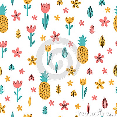 Hand drawn summer seamless pattern with flowers and pineapple. Cute tropical childish background. Stylish decorative elements Vector Illustration