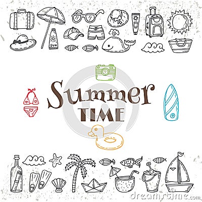 Hand drawn summer time collection. Beach theme doodle set. Trop Vector Illustration