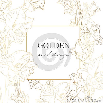 Hand drawn summer tropical bouquet: golden exotic gladiolus, line art. Vector Illustration