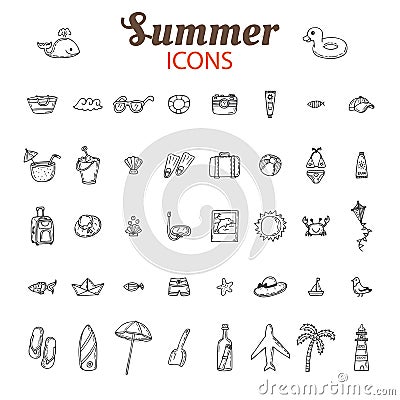 Hand drawn summer vector icon set. Beach icons collection. Vacation Vector Illustration