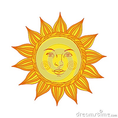 Hand drawn sun with face and eyes. Alchemy, medieval, occult, mystic symbol of sun. Vector illustration. Vector Illustration