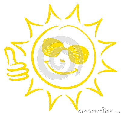 Hand Drawn Sun One Thumb Up With Sunglasses Yellow Vector Illustration