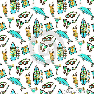 Hand drawn surfing and diving seamless pattern. Hawaii pattern with dolphin, cocktail and surf board. Tourism vector background. Vector Illustration