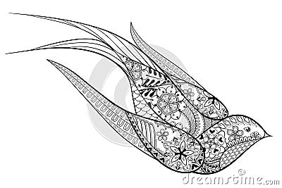 Hand drawn swallow. Vector illustration in zentangle style isol Vector Illustration