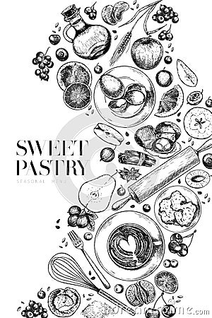 Hand drawn sweet pastry. Vector bakery, flour, eggs, apple, pear, orange, lemon, blueberry, berries, cinnamon, spices Vector Illustration