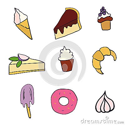 Hand drawn sweets set vector illustration. Doodle illustration. Desserts in doodle style. Vector illustration Cartoon Illustration